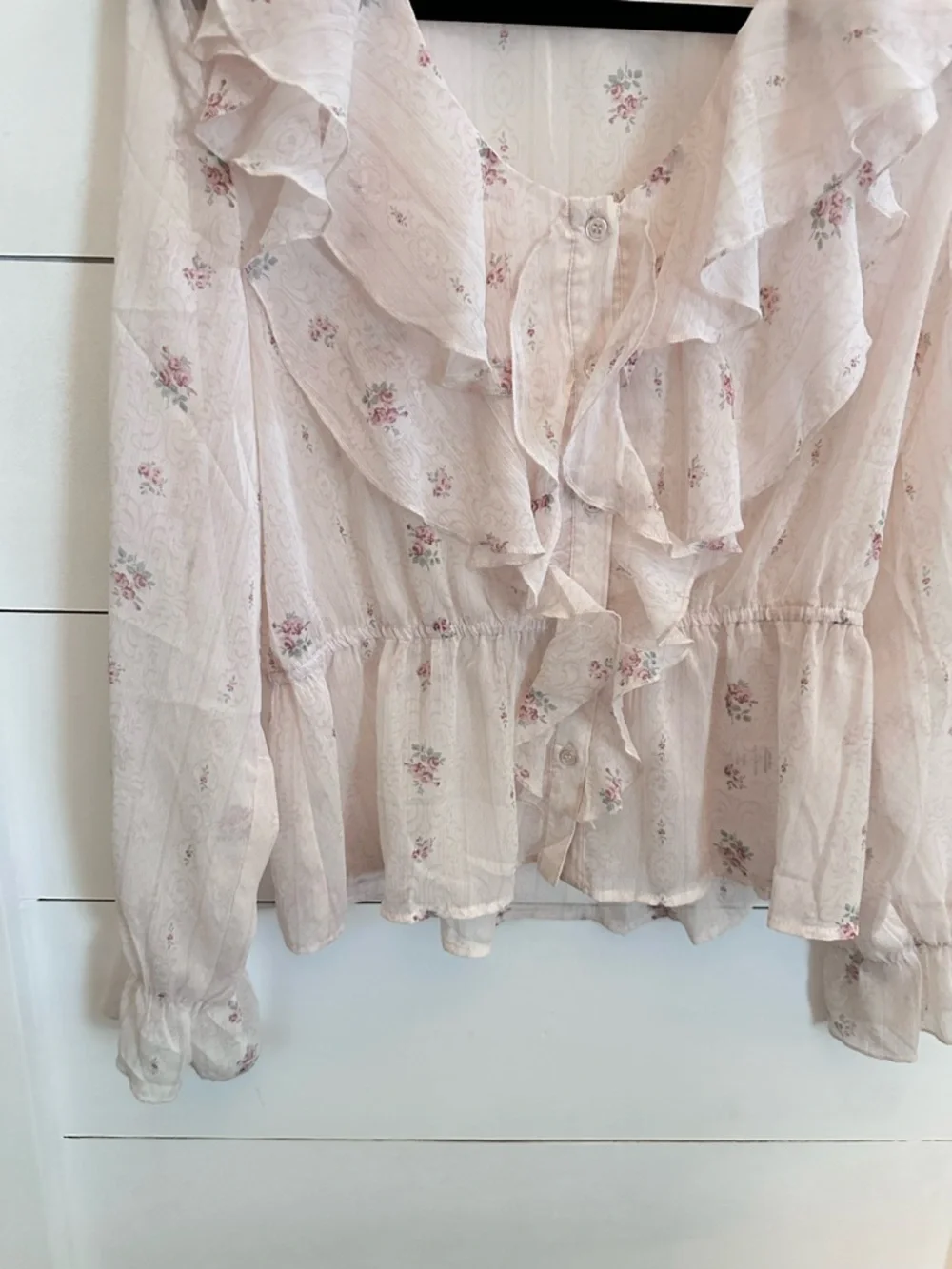 TRIXXI L Greta Pale Pink ditzy floral ruffled chest & sleeve sheer button blouse - Picture 9 of 14